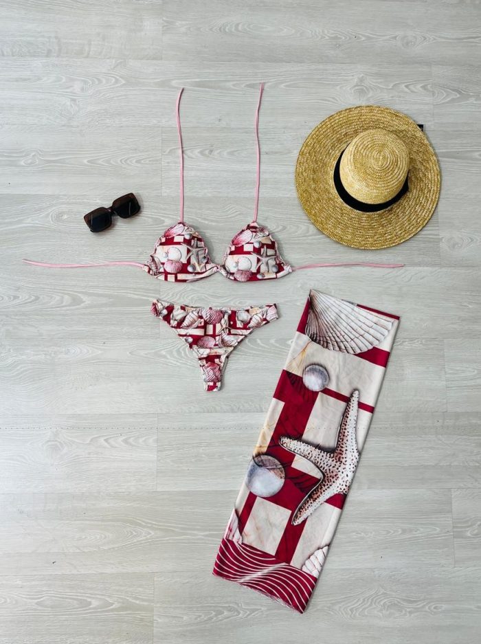 conjunto biquini com canga nude e vermelho com conchas 1321