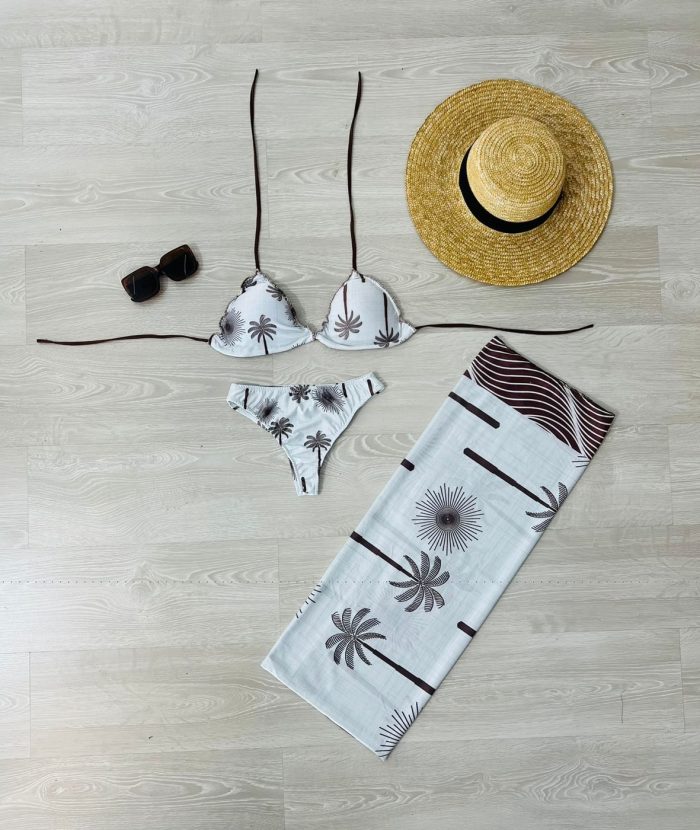 conjunto biquini com canga coqueiro marrom 1317