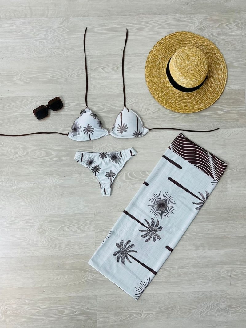 conjunto biquini com canga coqueiro marrom 1317