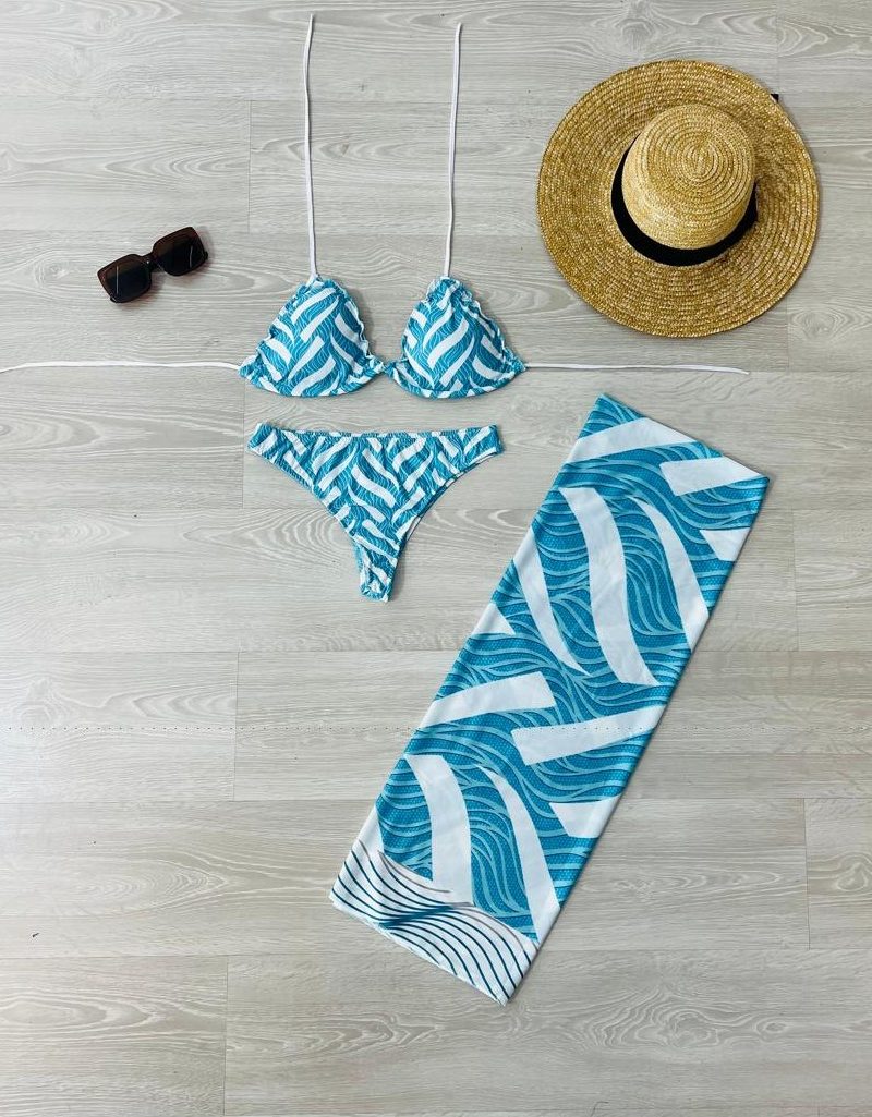 conjunto biquini com canga branco e azul piscina 1319