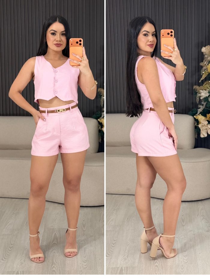 conjunto alfaiataria colete e shorts rosa 1636 conjunto alfaiataria colete e shorts rosa 1636