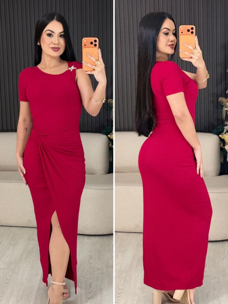 vestido tubinho canelado estella vermelho 1581