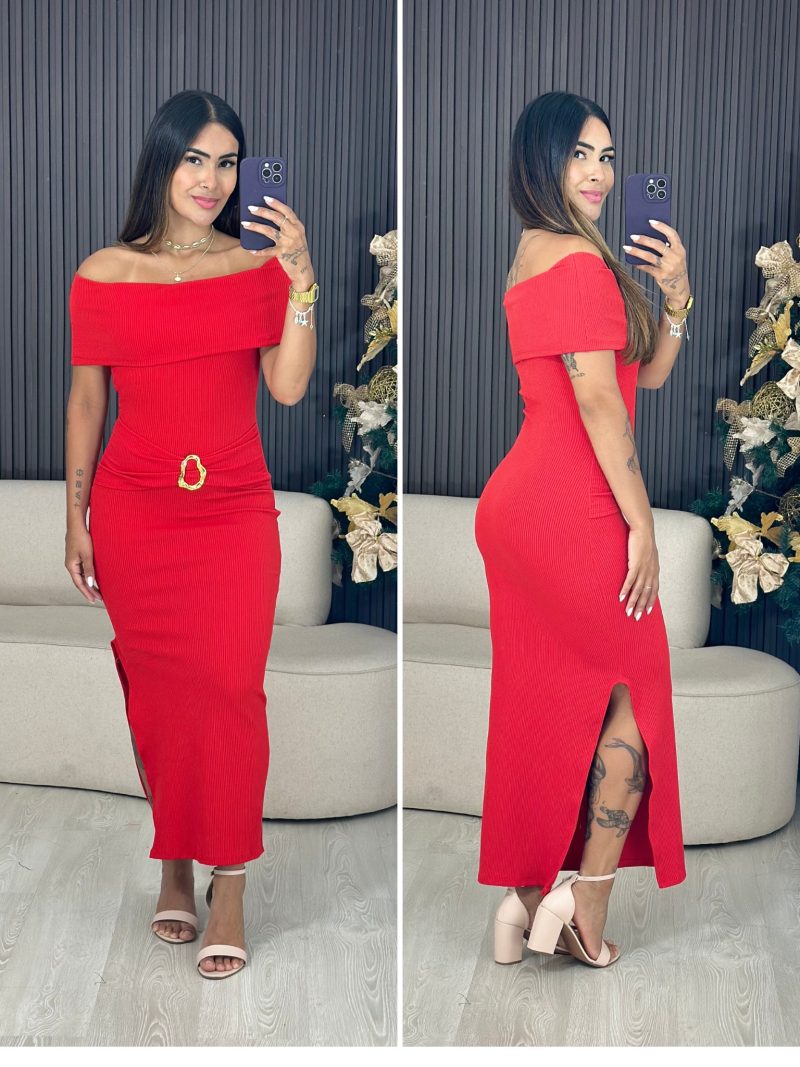 vestido midi ombro a ombro vermelho 1556