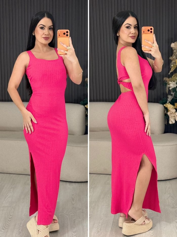 vestido tubinho canelado transpassado nas costas rosa 1576