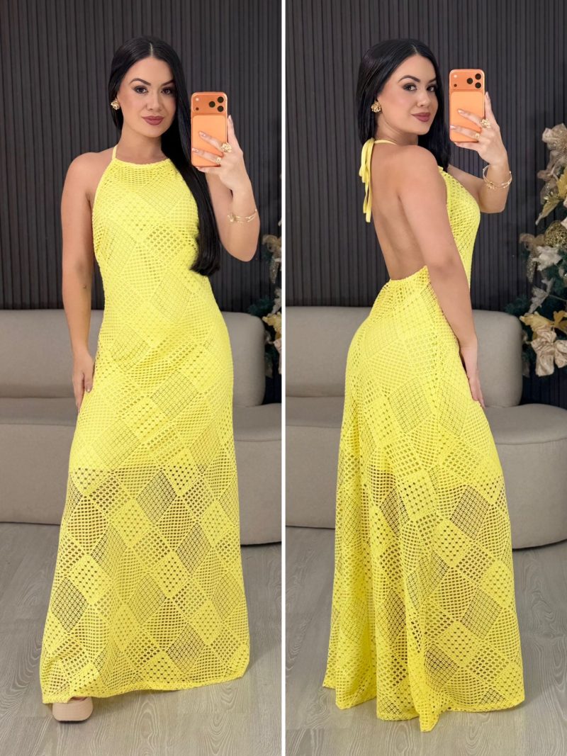 vestido longo renda amarelo 1607