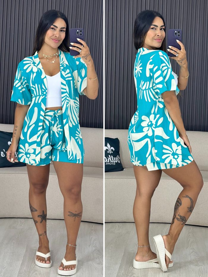 conjunto kimono verde Água com branco 1803