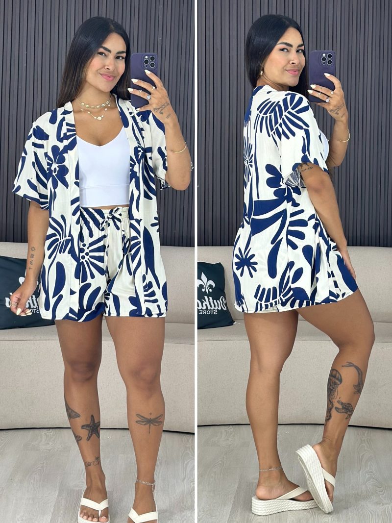 conjunto kimono azul com branco 1804