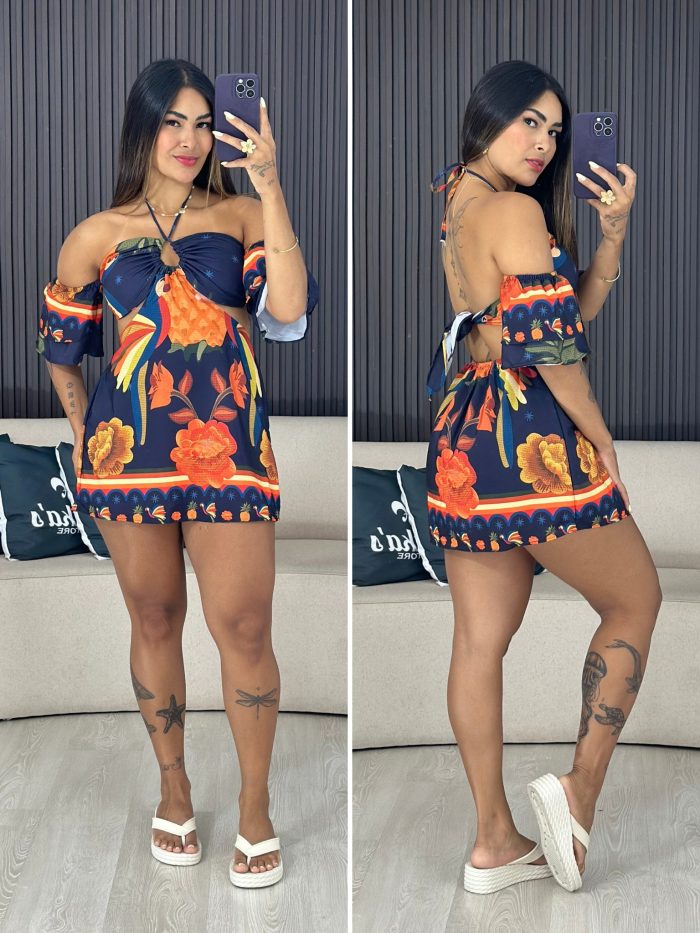 macaquinho vestido bianca azul com laranja 1834