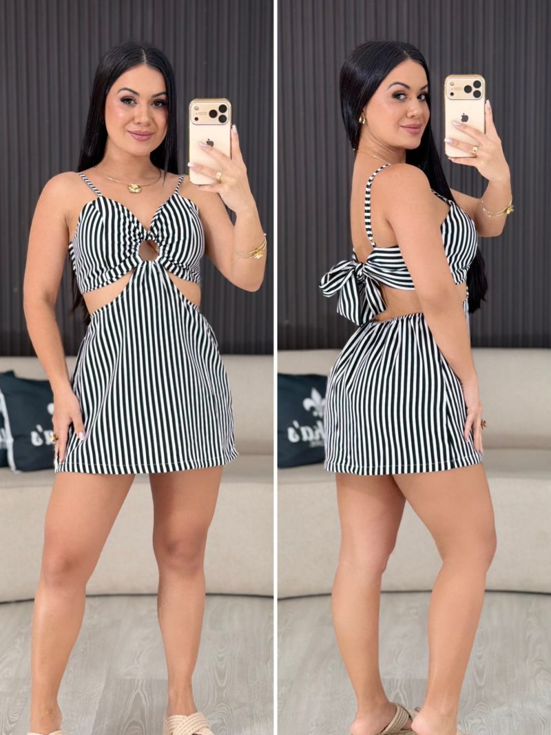 macaquinho vestido listrado branco com preto 1741