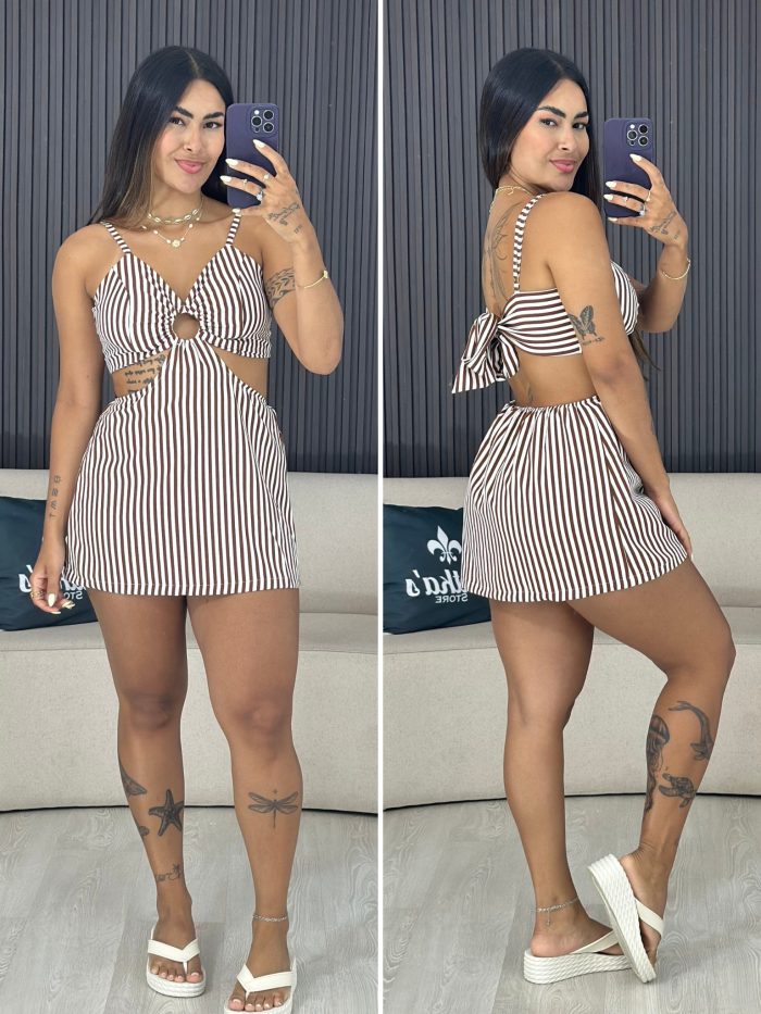 macaquinho vestido listrado marrom com branco 1744