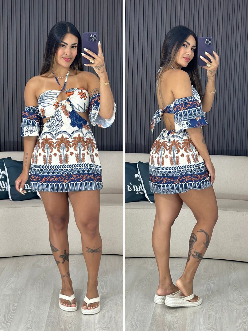 macaquinho vestido bianca off com azul e laranja 1838