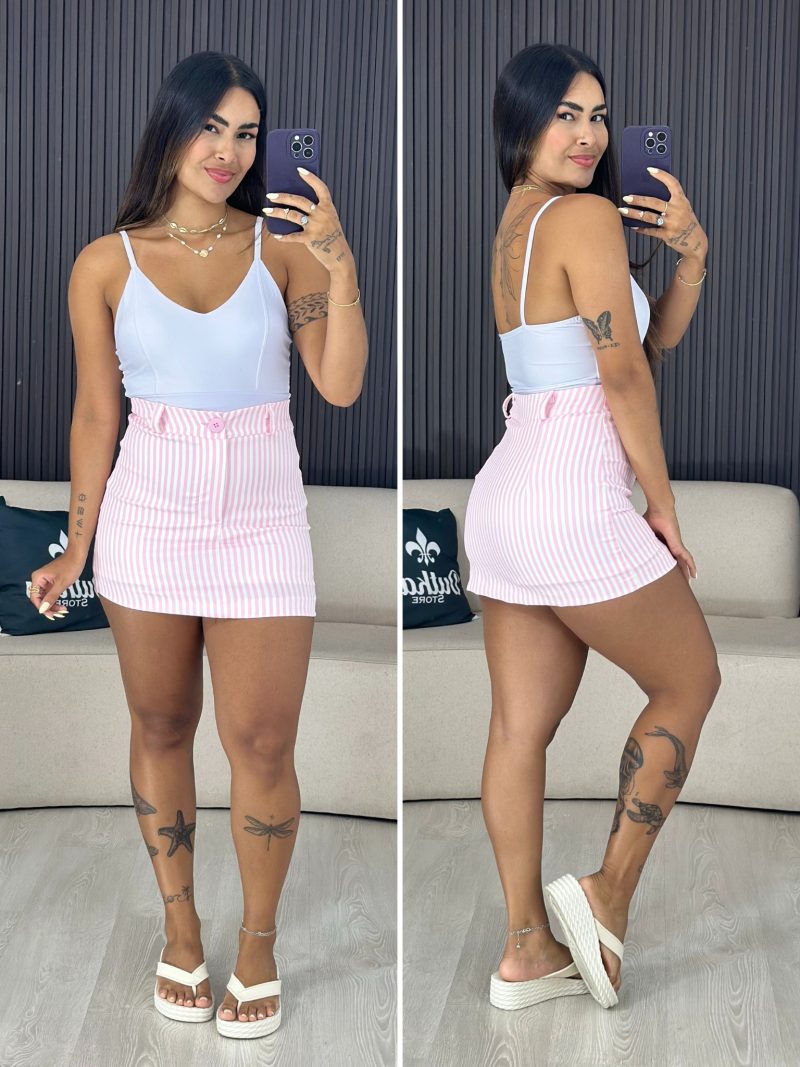 shorts saia listra rosa com branco 1778
