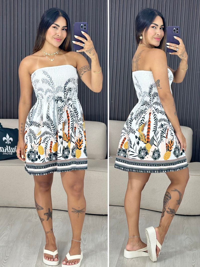 vestido tomara que caia branco com detalhe de abacaxi 1735