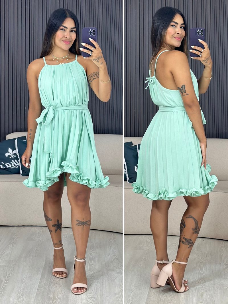 vestido plissado curto verde Água 1732