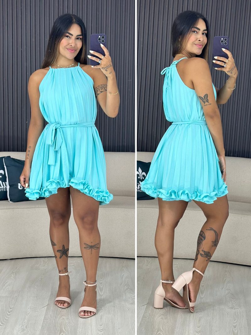 vestido plissado curto azul piscina 1731