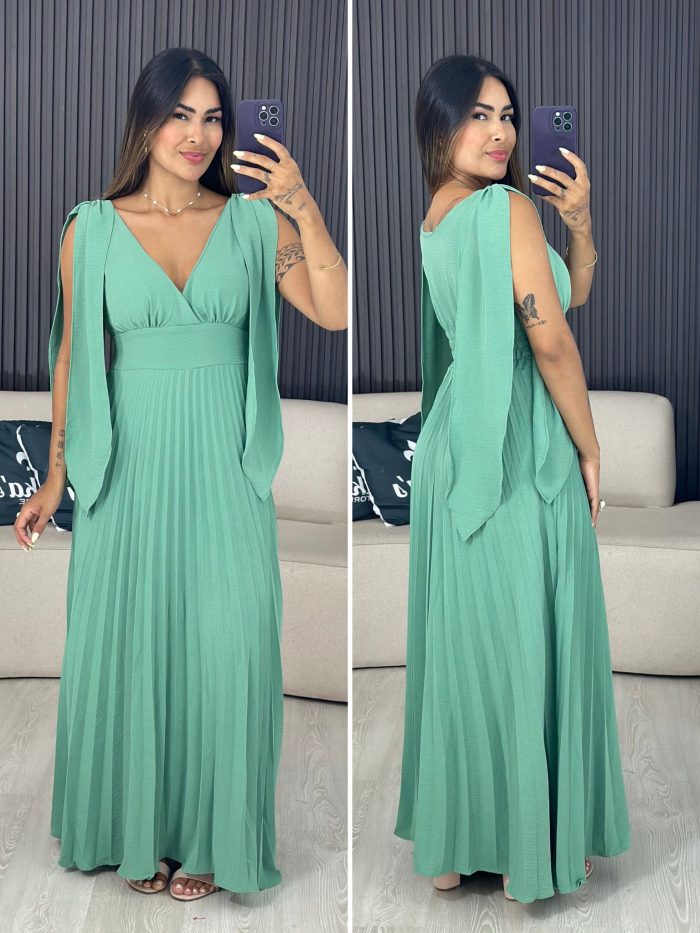 vestido plissado longo verde 4062
