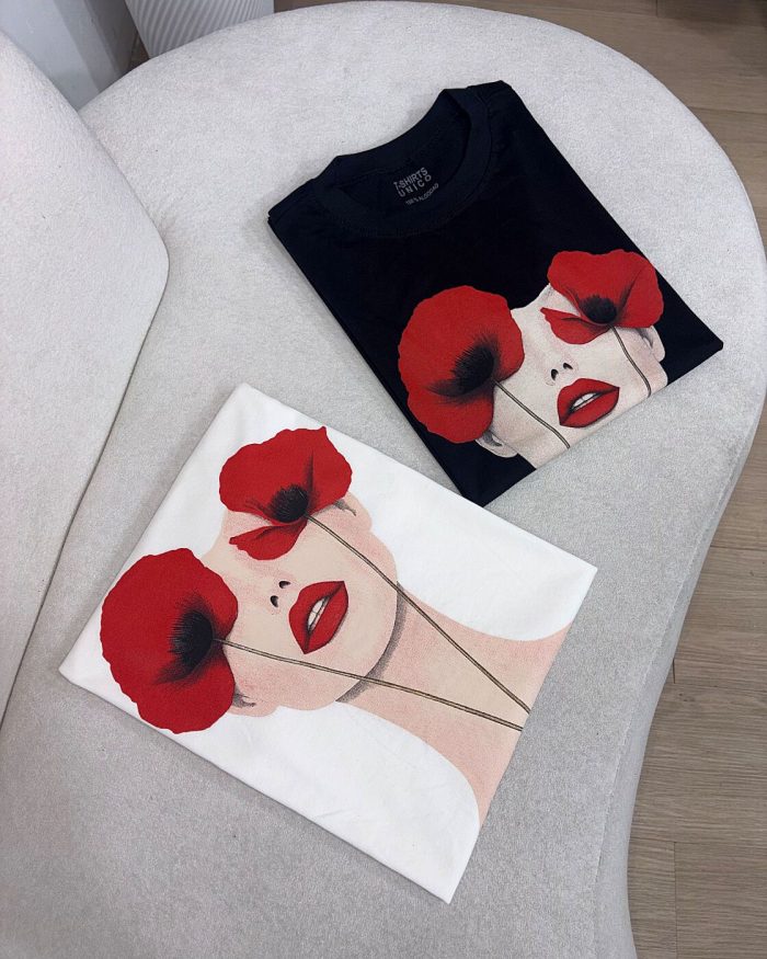 t shirt mulher rosas vermelhas preta 4050