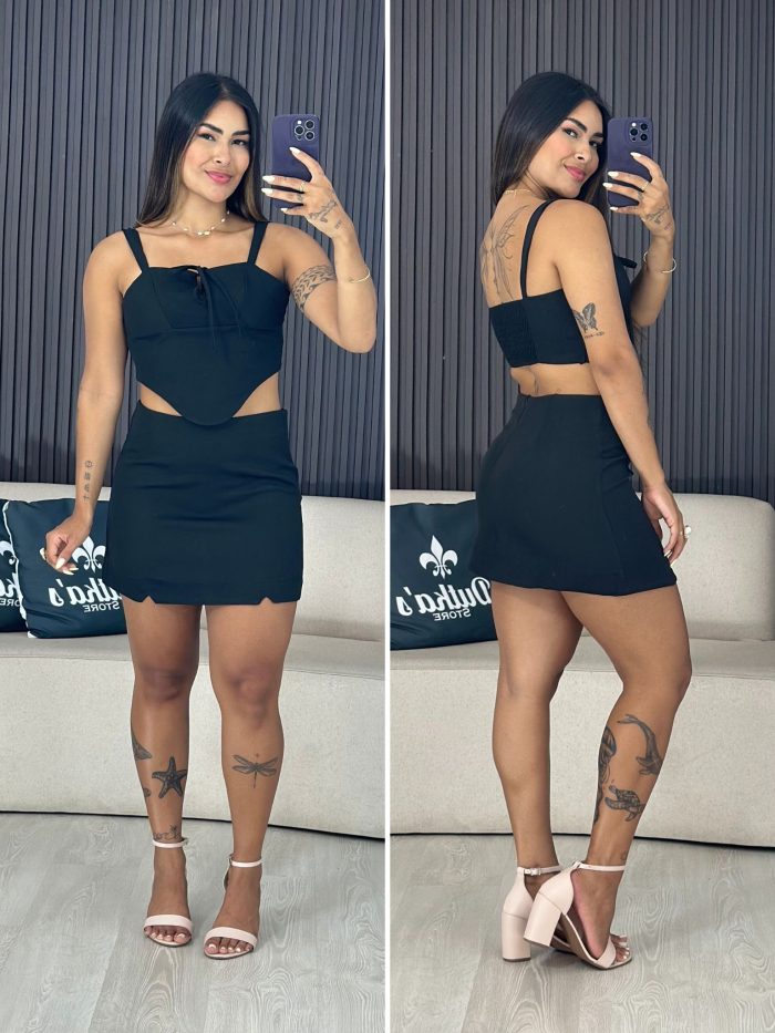 conjunto alfaiataria lila cropped e saia preto 4042