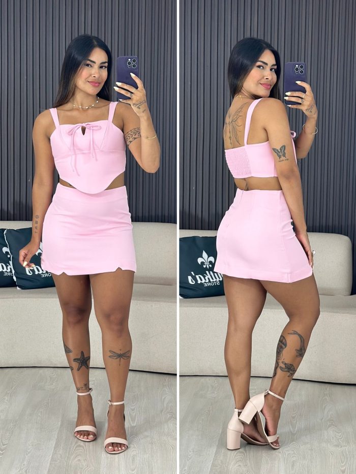 conjunto alfaiataria lila cropped e saia rosa bb 4041