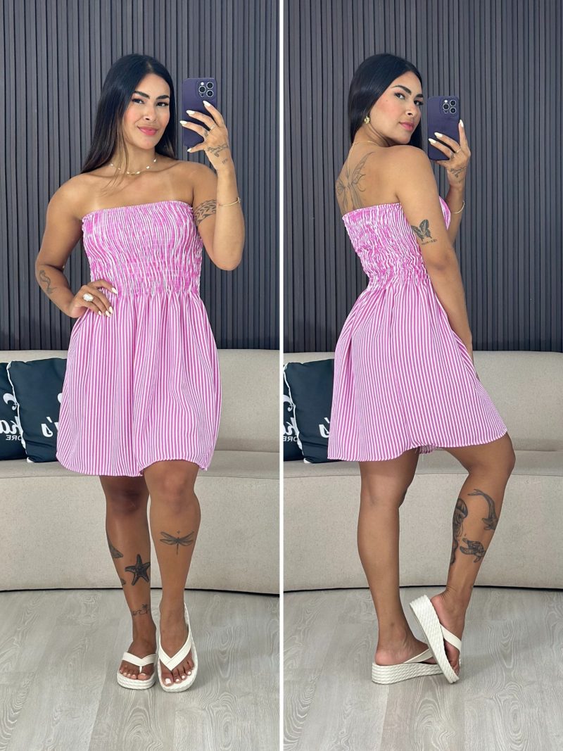 vestido tomara que caia listra rosa com branco 4016
