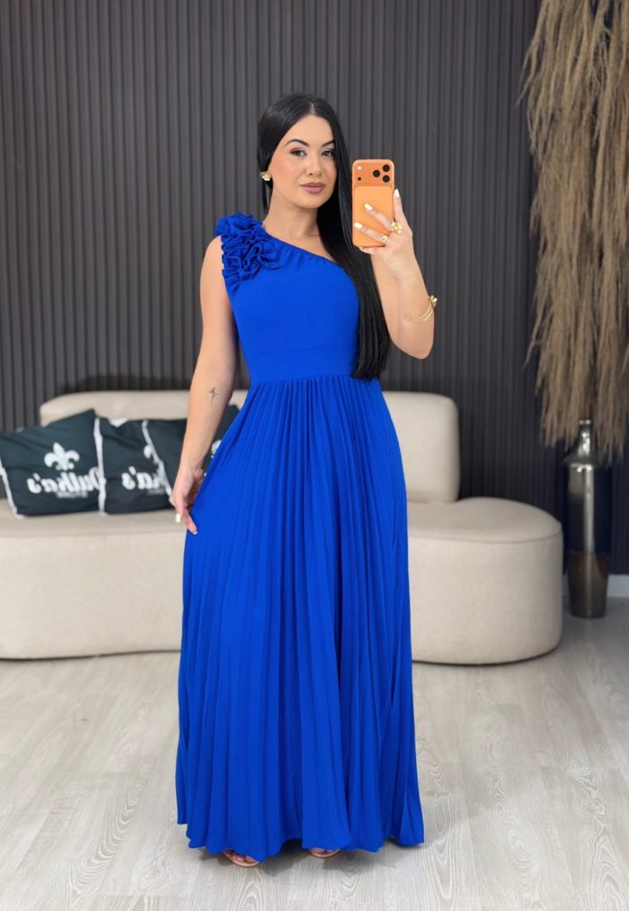 vestido plissado uma manga azul 4058
