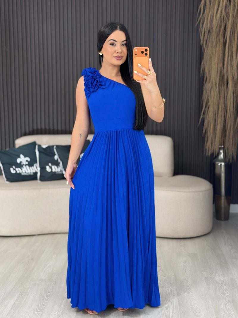 vestido plissado uma manga azul 4058