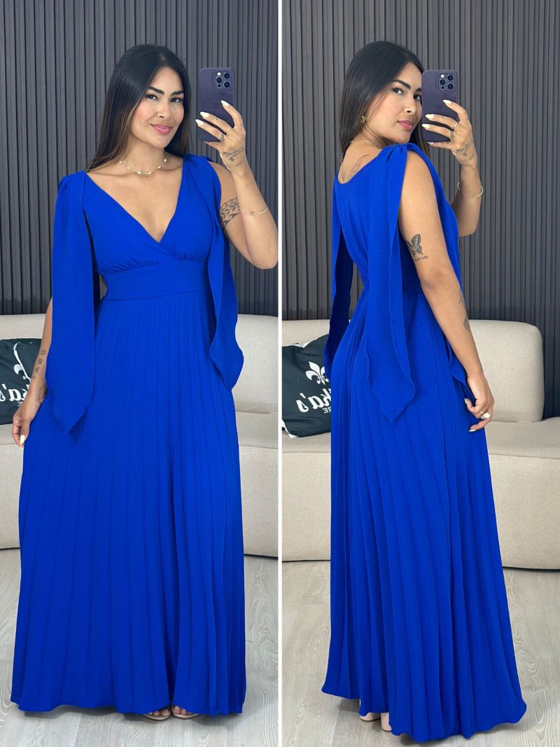 vestido plissado longo azul 4063