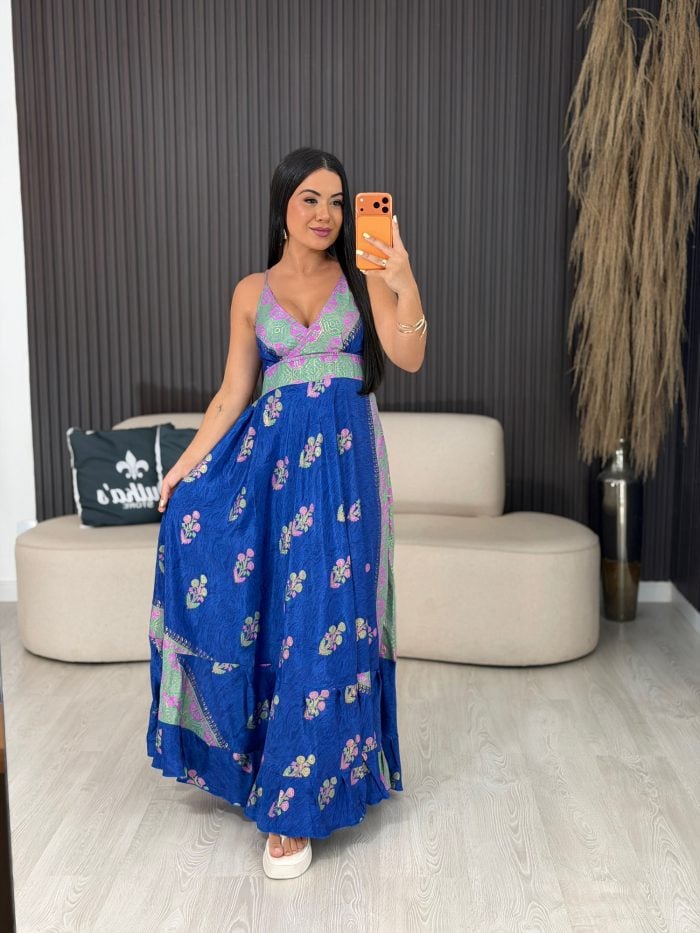 vestido tipo Índia azul escuro e verde 6079 vestido tipo Índia azul escuro e verde 6079
