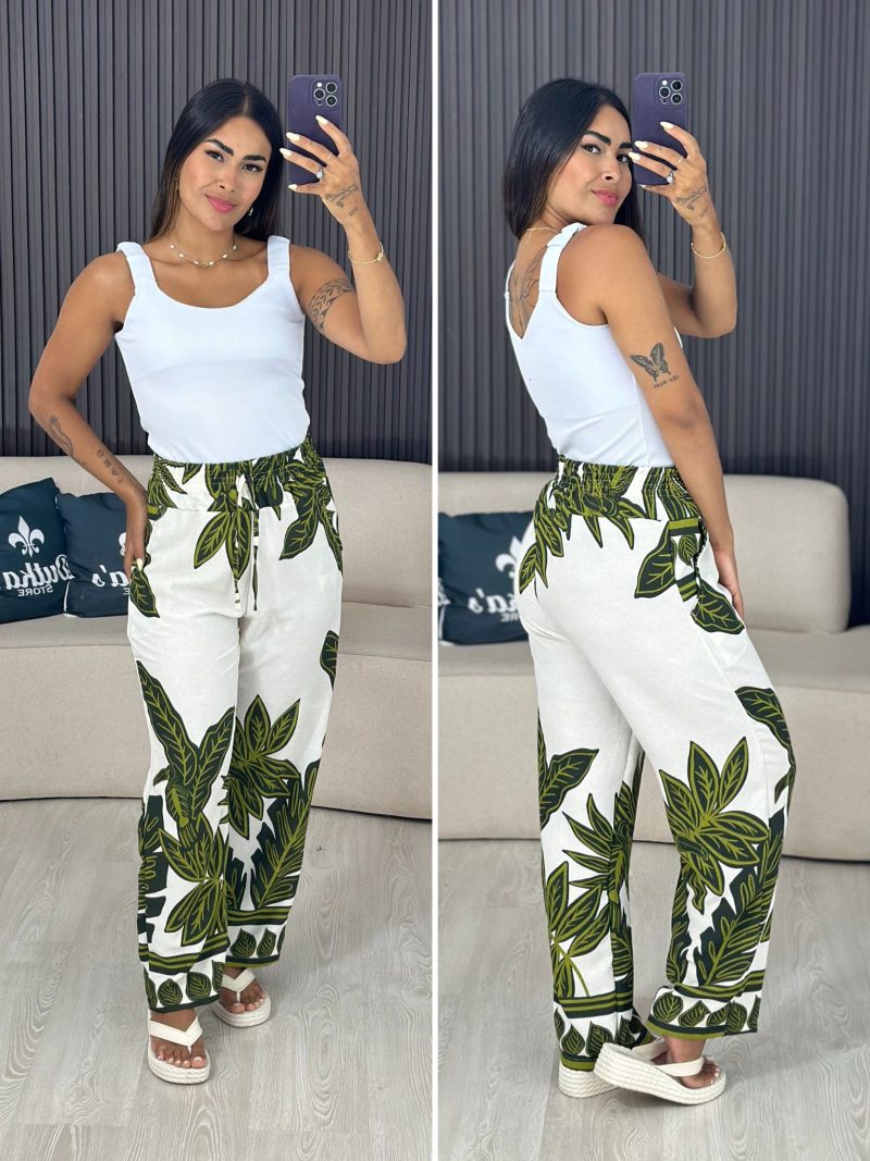 calça pantalona flora off com verde