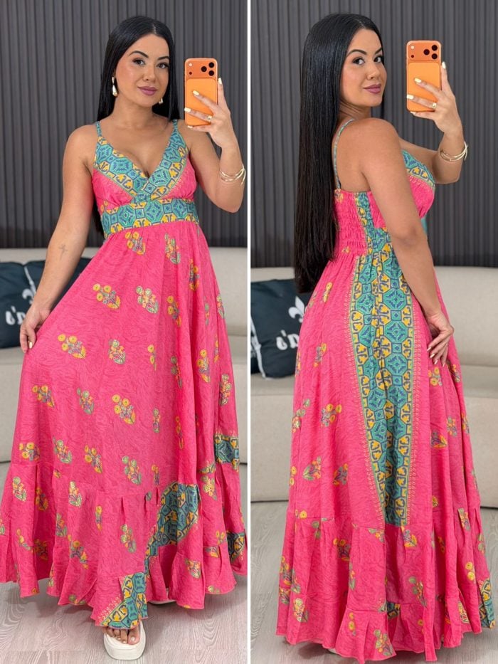 vestido tipo Índia rosa com verde 6077