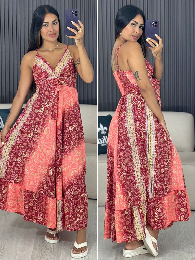 vestido tipo Índia bordô e salmão 6083