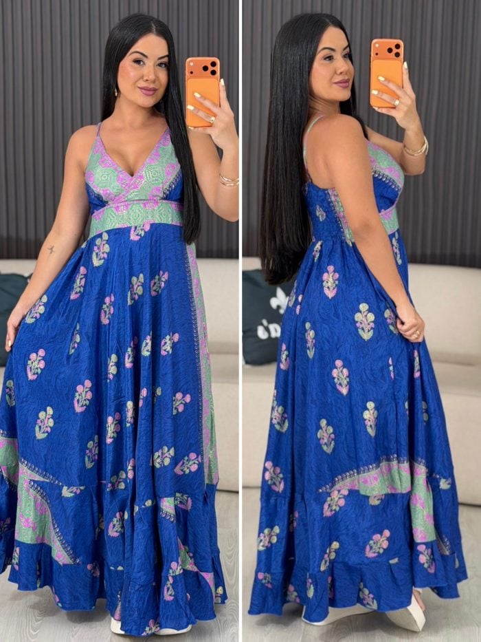 vestido tipo Índia azul escuro e verde 6079