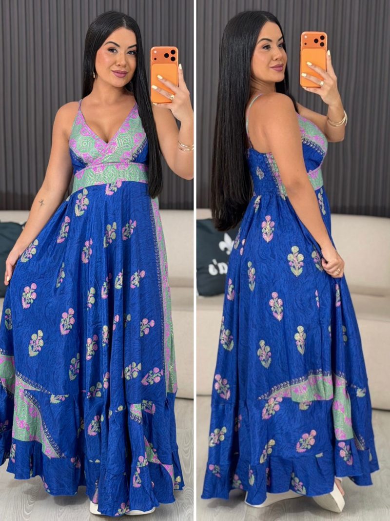 vestido tipo Índia azul escuro e verde 6079