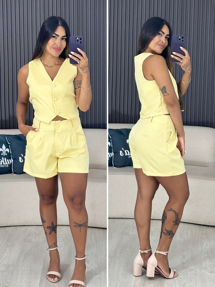 conjunto alfaiataria colete e shorts amarelo 6037