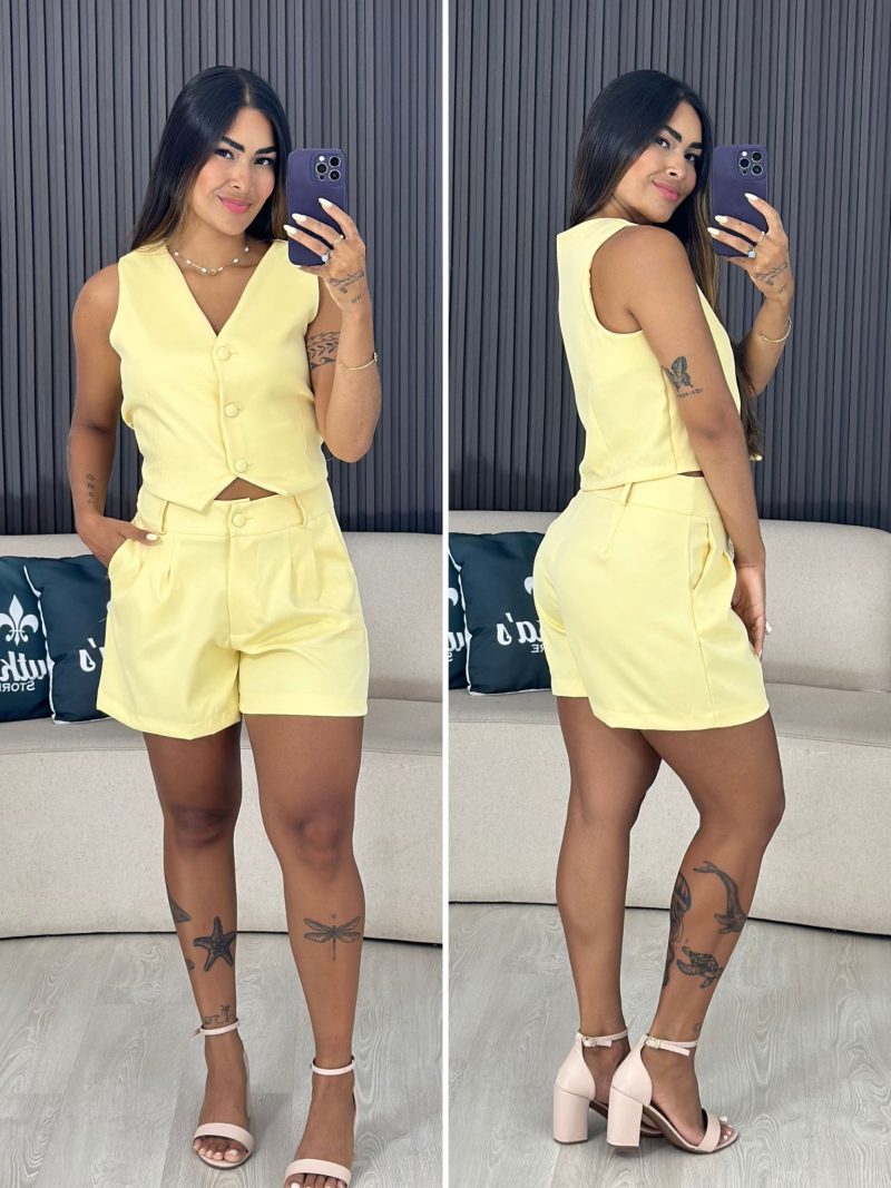 conjunto alfaiataria colete e shorts amarelo 6037