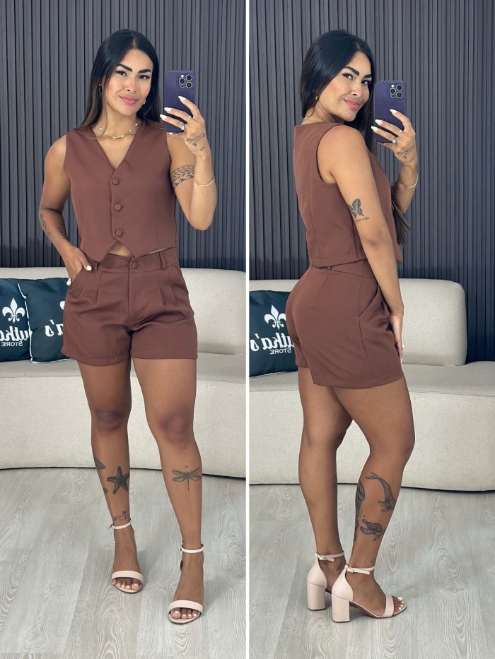 conjunto alfaiataria colete e shorts marrom 6035