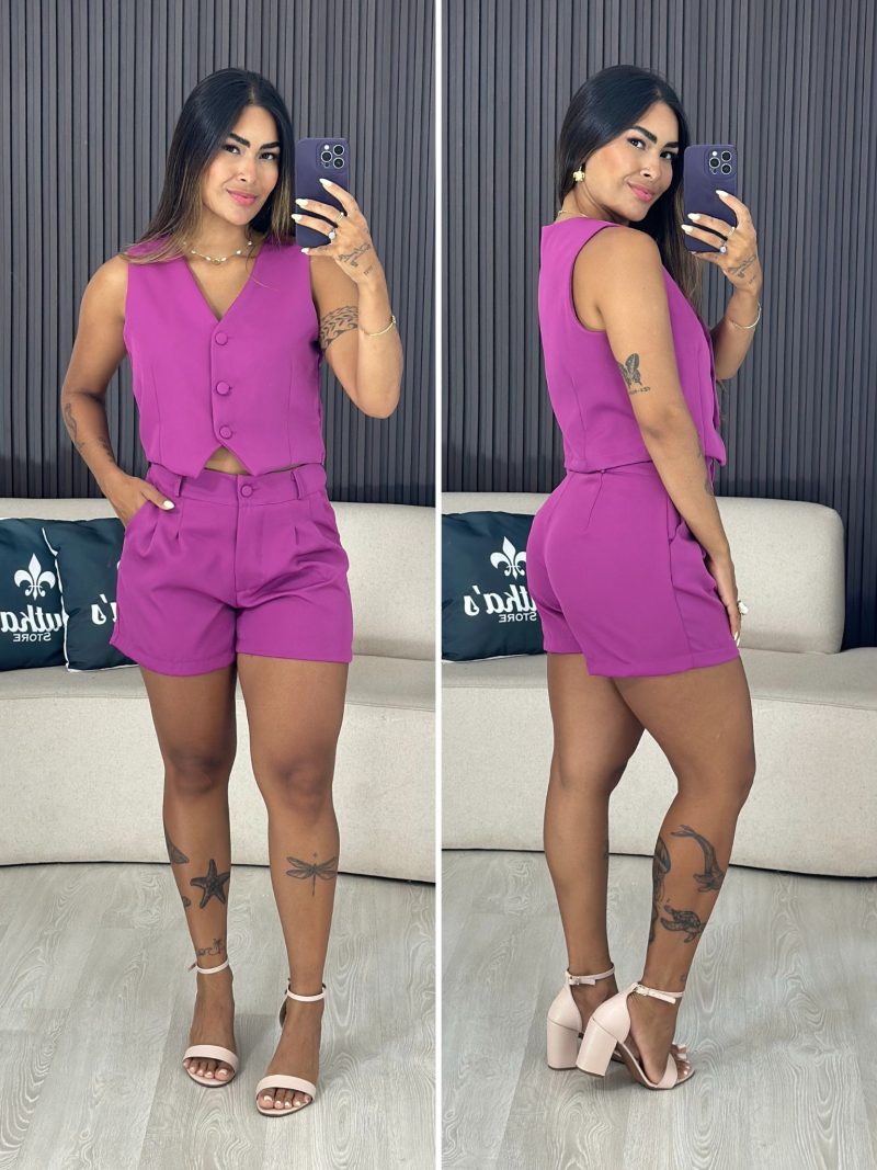 conjunto alfaiataria colete e shorts roxo 6031