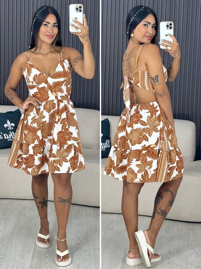 vestido evasê tropical marrom 6116