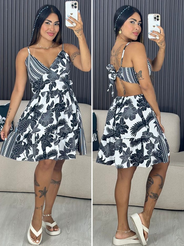 vestido evasê tropical preto e branco 6113 vestido evasê tropical preto e branco 6113
