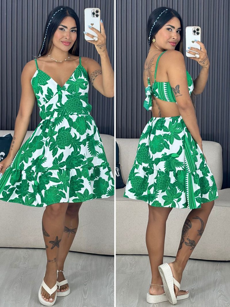 vestido evasê tropical verde 6115