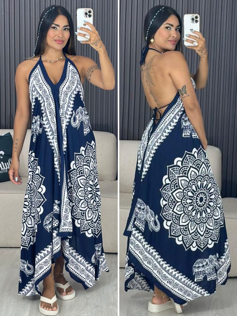 vestido indiano sabrina azul marinho e branco 6121