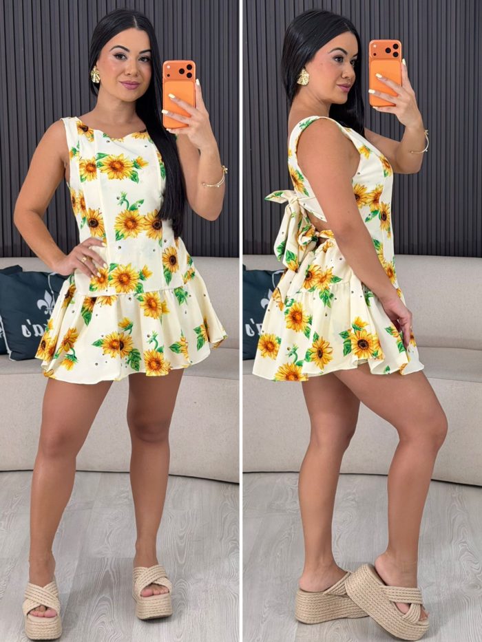 macaquinho vestido floral bege 6254