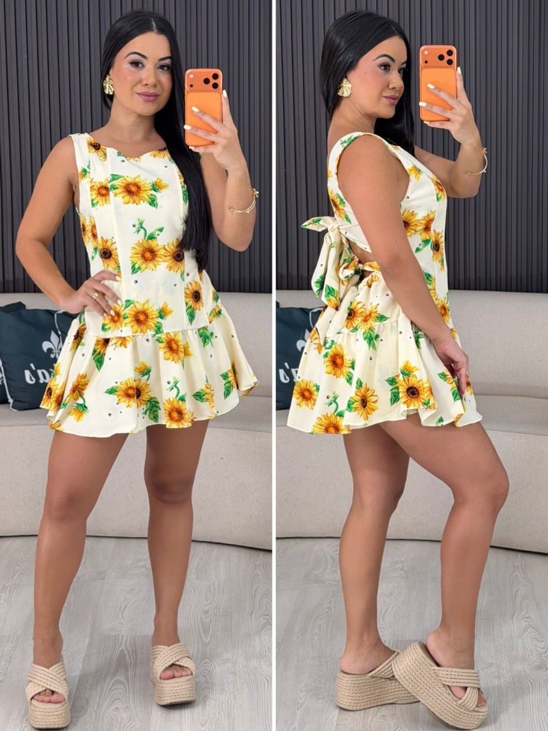 macaquinho vestido floral bege 6254