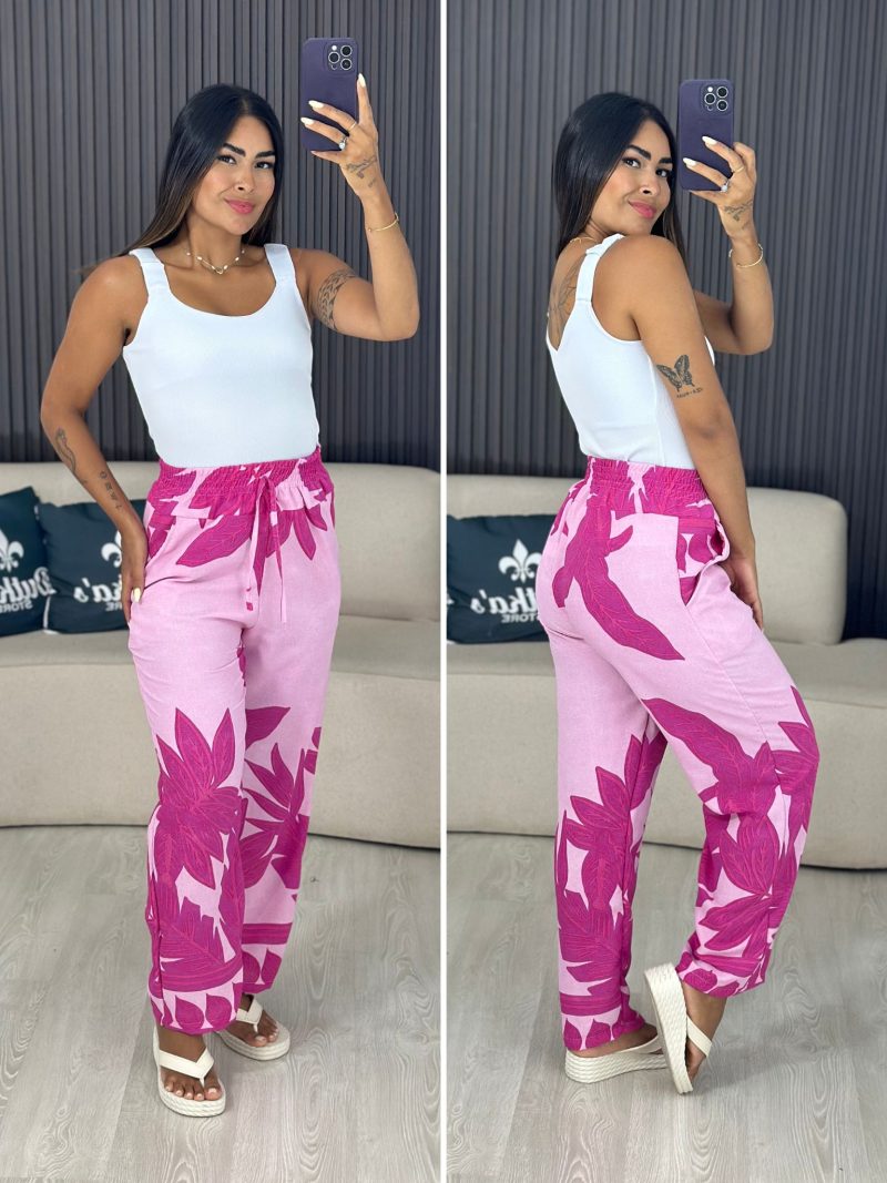 calça pantalona flora rosa 6013