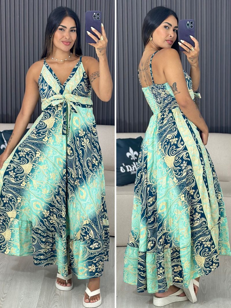 vestido tipo Índia verde claro e escuro 6084