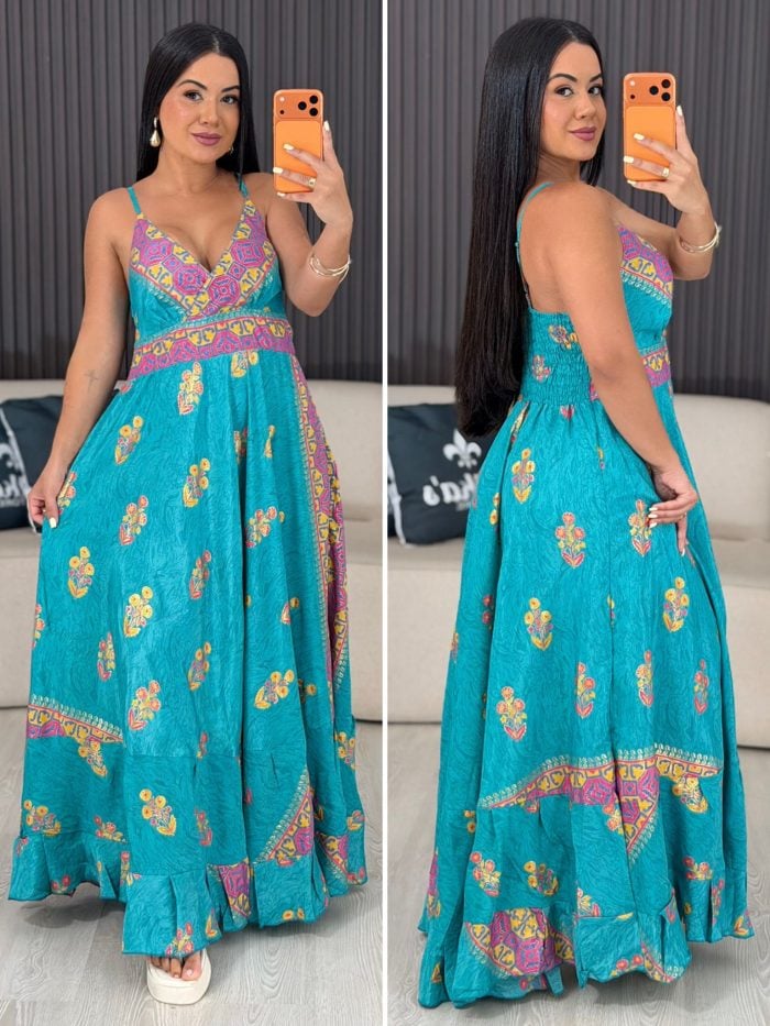vestido tipo Índia azul e rosa 6075 vestido tipo Índia azul e rosa 6075