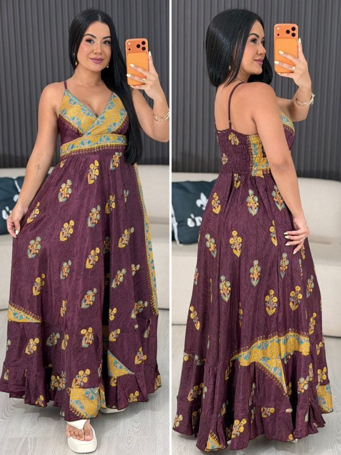 vestido tipo Índia marsala com amarelo 6078
