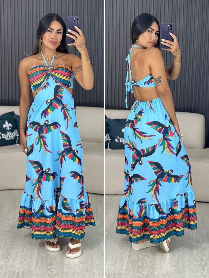 vestido longo azul claro com pássaros 6024