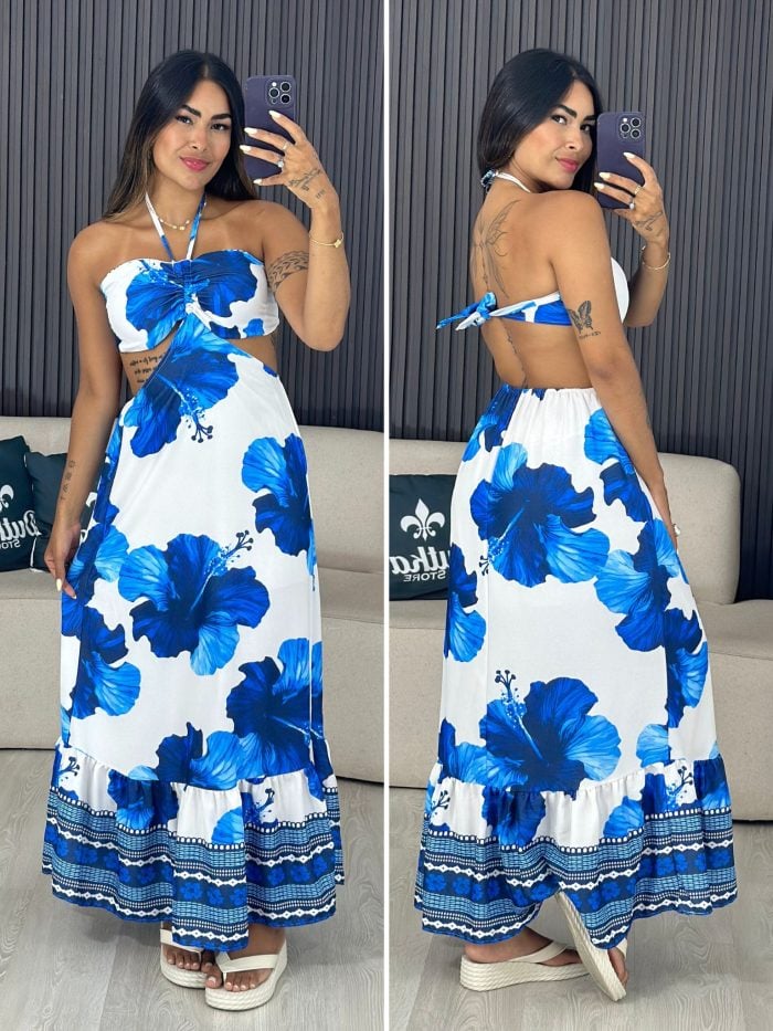 vestido longo azul com branco flor