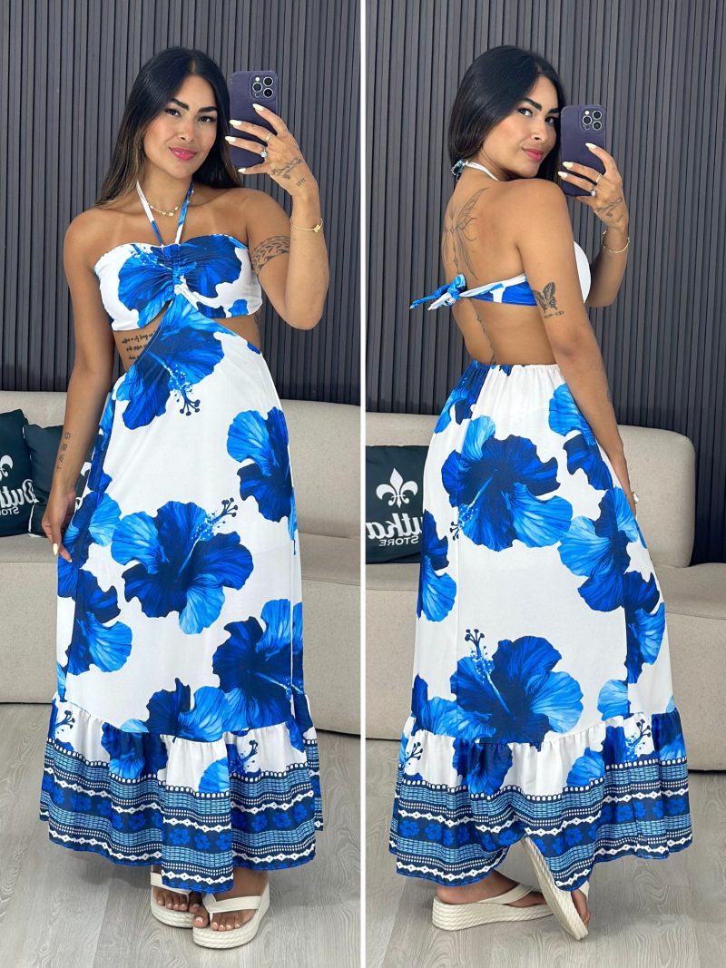 vestido longo azul com branco flor